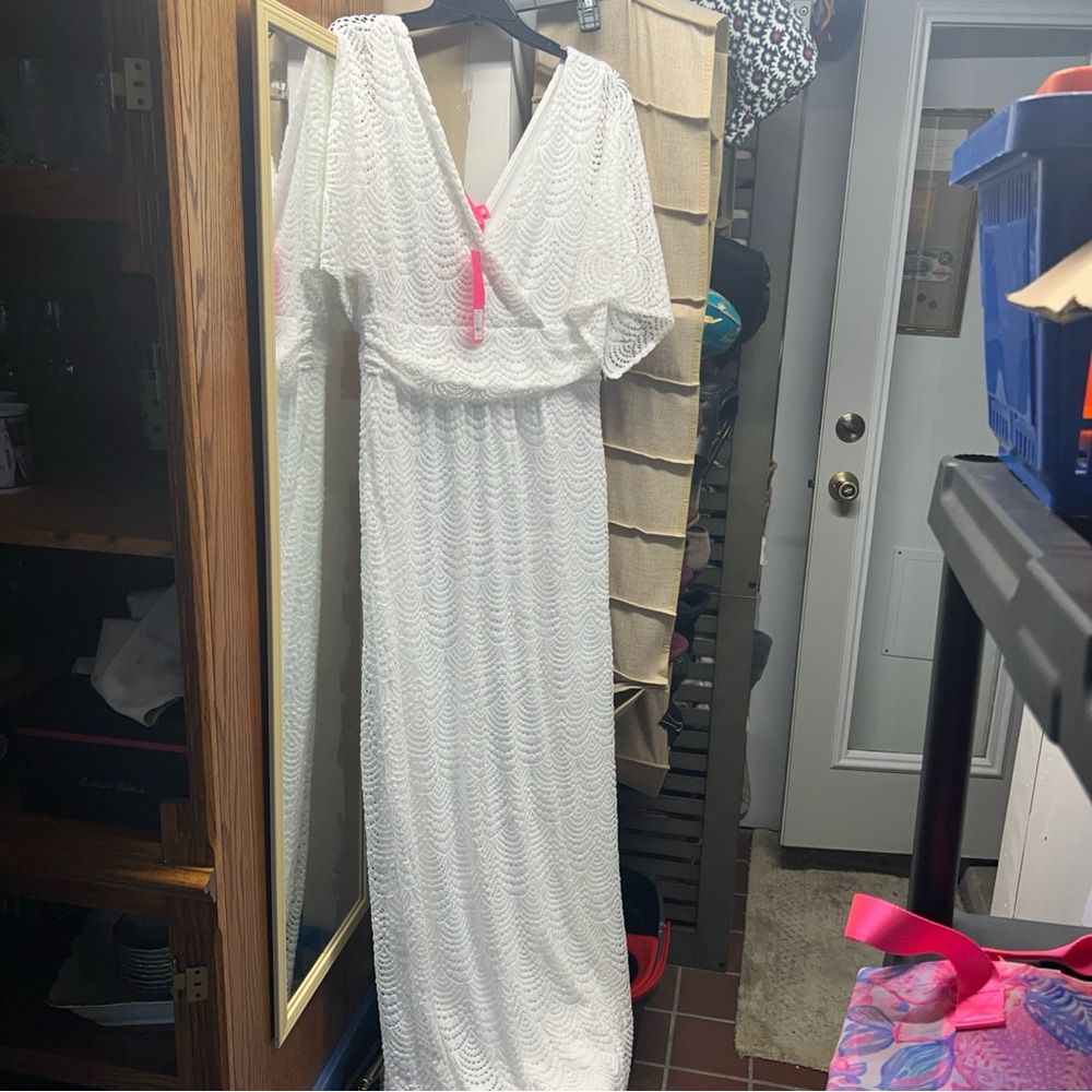 Lilly Pulitzer NWT Parigi Maxi Dress White Scalloped Shell Lace Size L